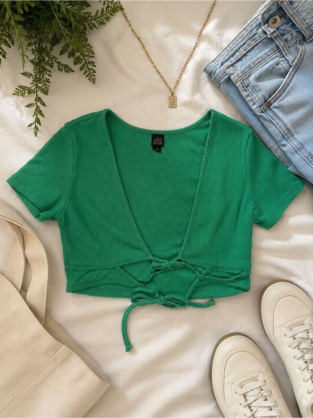 wild fable Green Ribbed‎ Tie-Front Crop Top